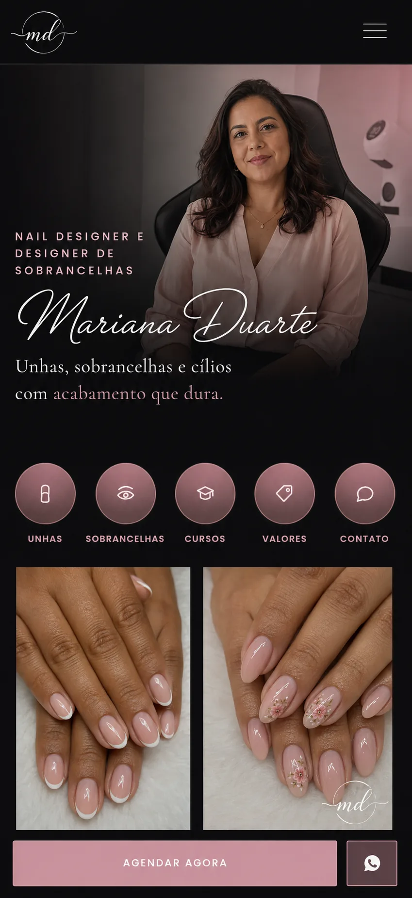 Exemplo de site de estúdio feito pelo Inkroom, com foto, serviços e botão de agendar